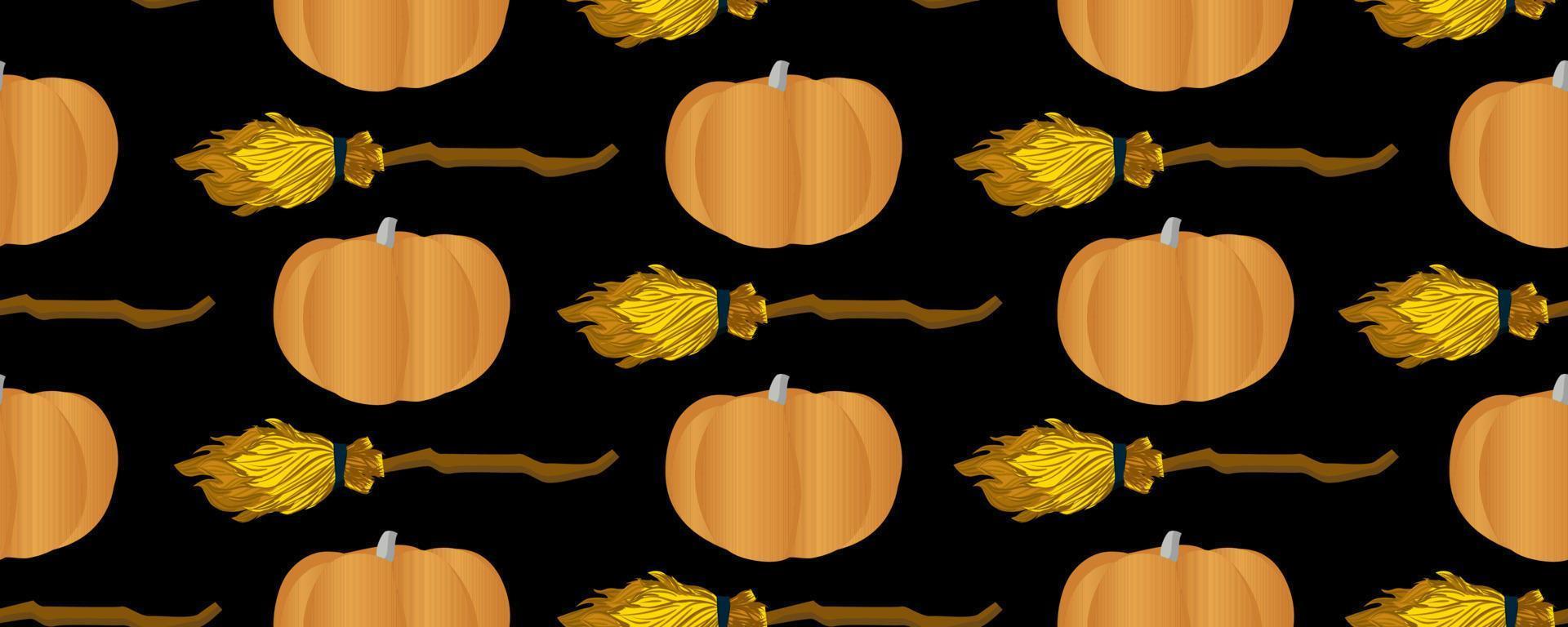 Seamless vector pattern. Pumpkin and flying broom. Broom for flying. Magic and witchcraft. Halloween