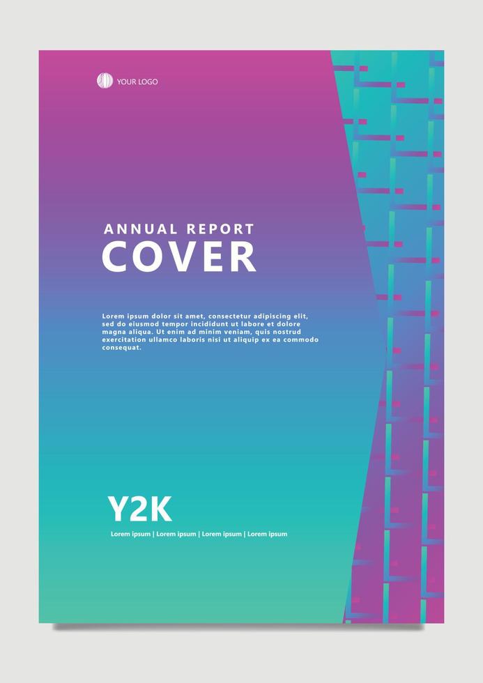 Green and purple gradient colored annual report vector cover, with line decoration. Glossy look company document cover.