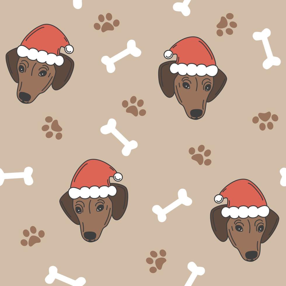 Cute cartoon holidays seamless vector pattern background illustration with character baby dog with santa claus hat, paw prints and bones