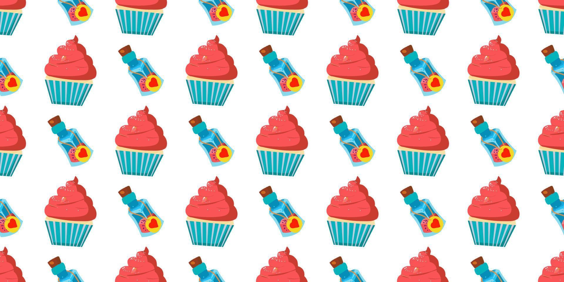Seamless baby pattern. cupcake cakes and potion bottles. Drink Me. Alice in the Wonderland. vector