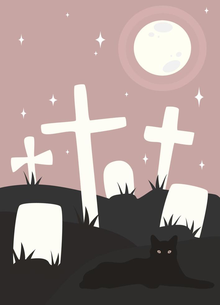 Cute vector illustration with black cat in a graveyard