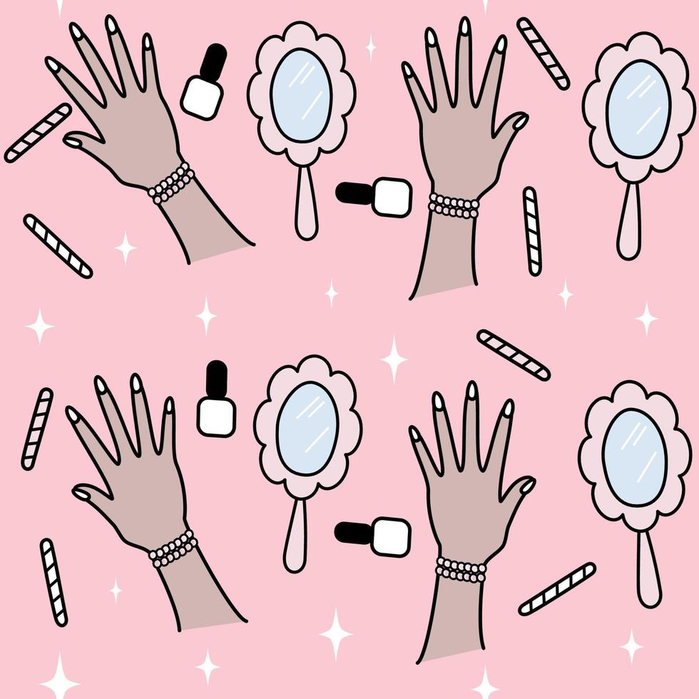 cute lovely seamless vector pattern background illustration with mirror, manicure tools and famale hands