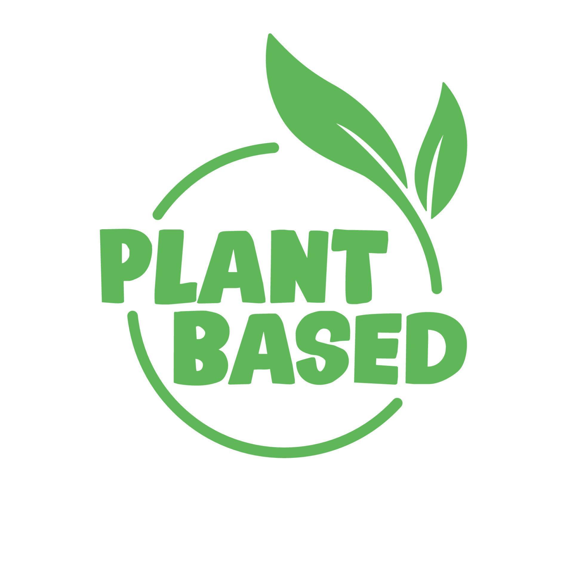 Plant based label. Text inside a circle with leaves around. Vegan