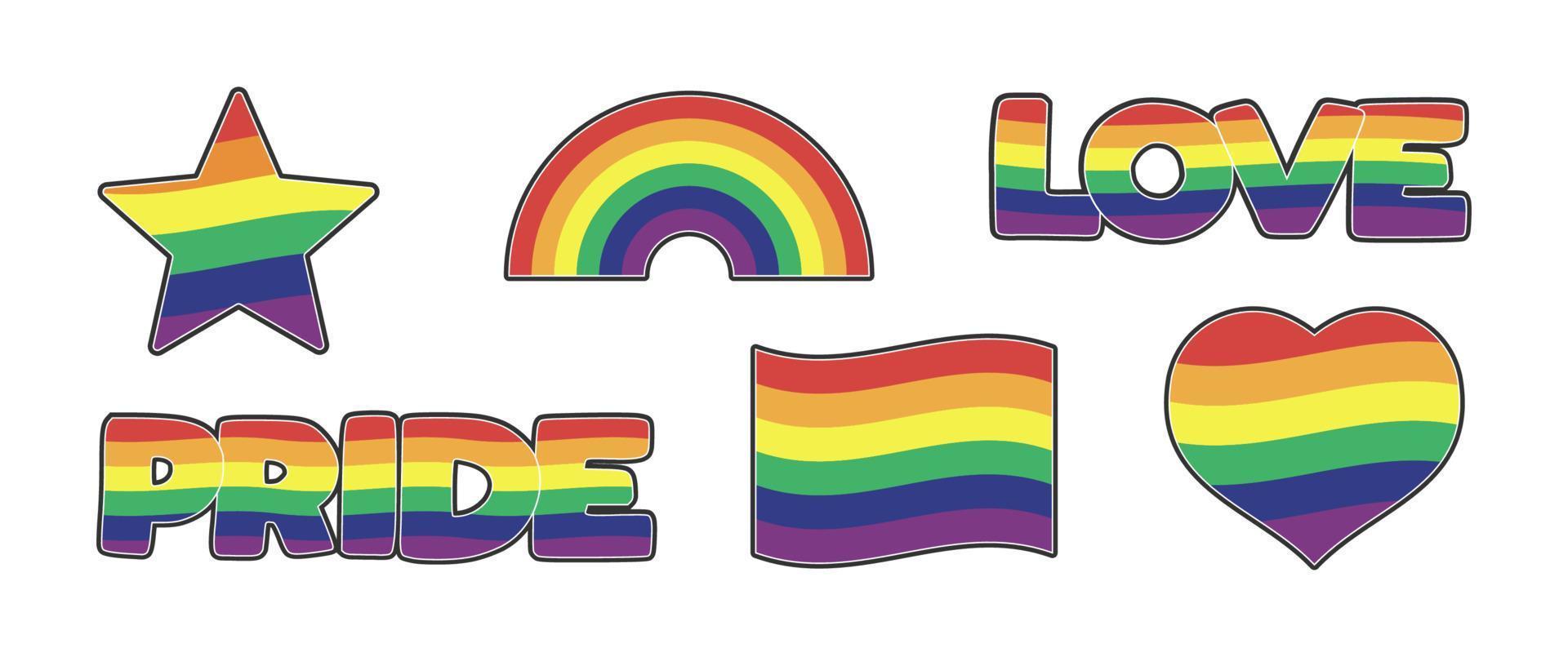 Set of LGBTQ community stickers with flag, star and heart shapes with rainbow colors. Pride month symbols and slogan. Gay parade icons. vector