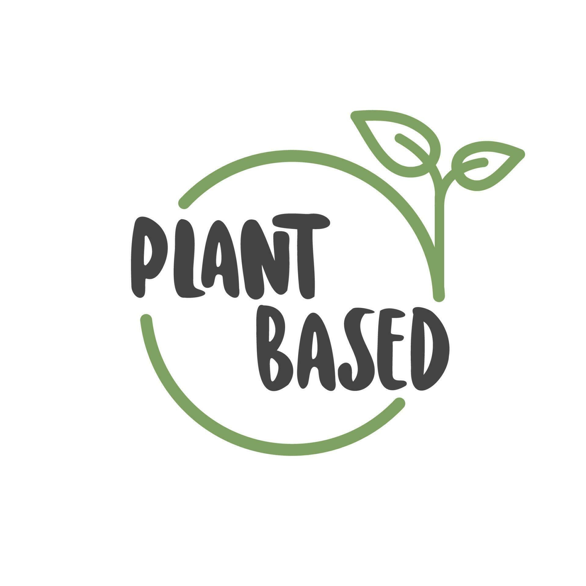Plant based label. Text inside a circle with leaves around. Vegan