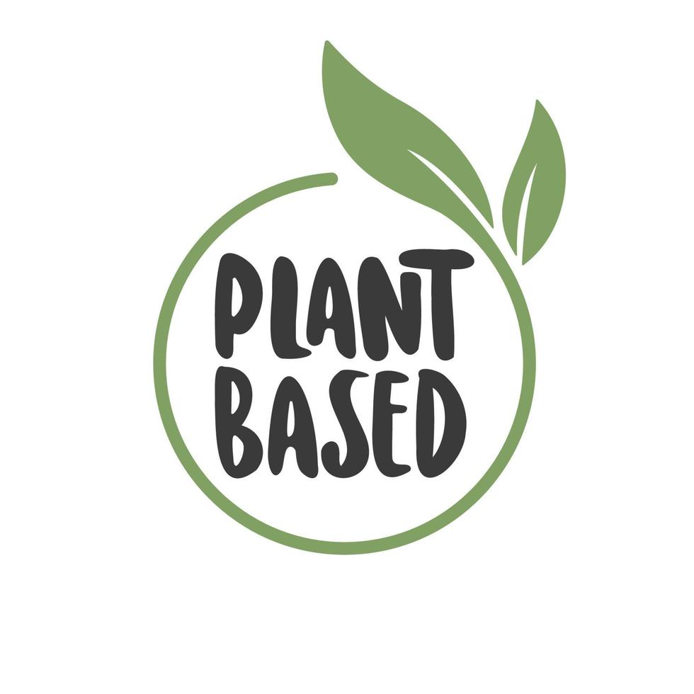 Plant based label. Text inside a circle with leaves around. Vegan