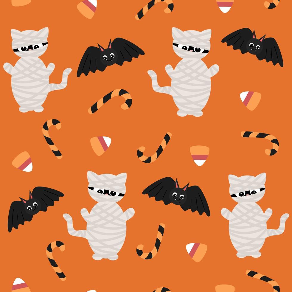 Cute halloween cartoon seamless vector pattern background illustration with character mummy cats, bats and candies