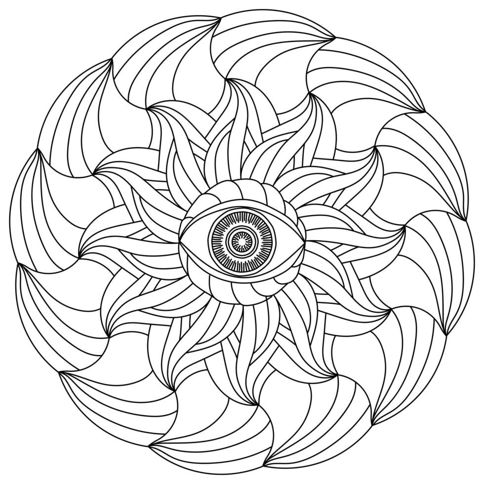 Mandala with eye, meditative spiritual coloring page with ornate petals vector