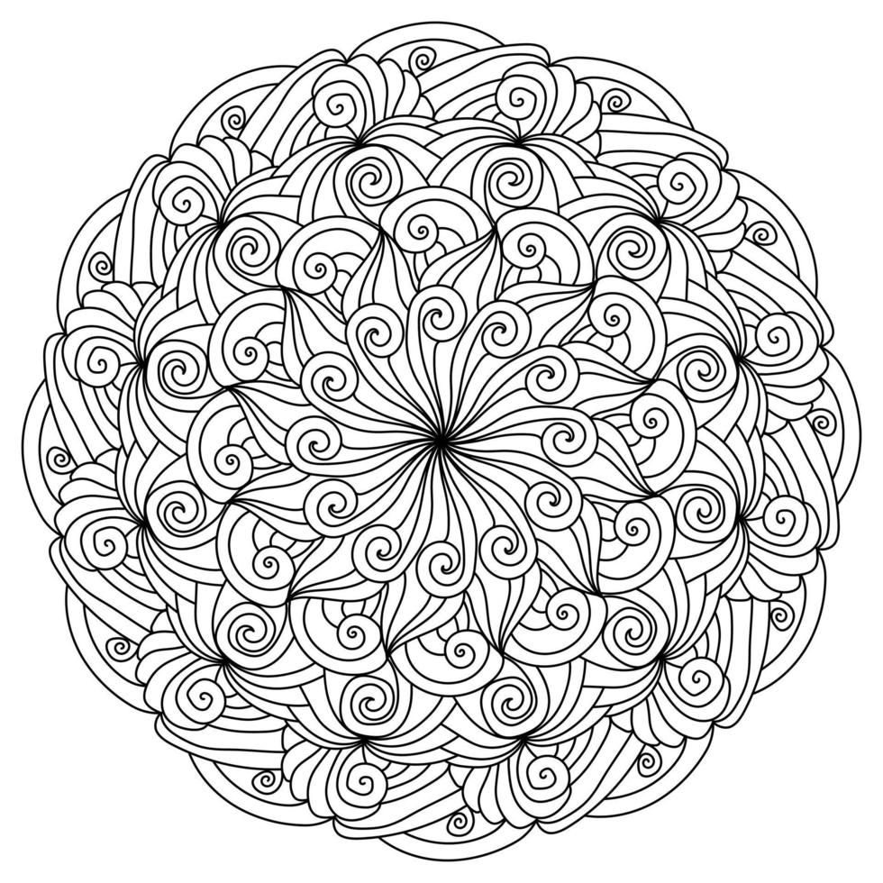 Abstract mandala with curls and striped motifs, meditative coloring page with curled lines vector