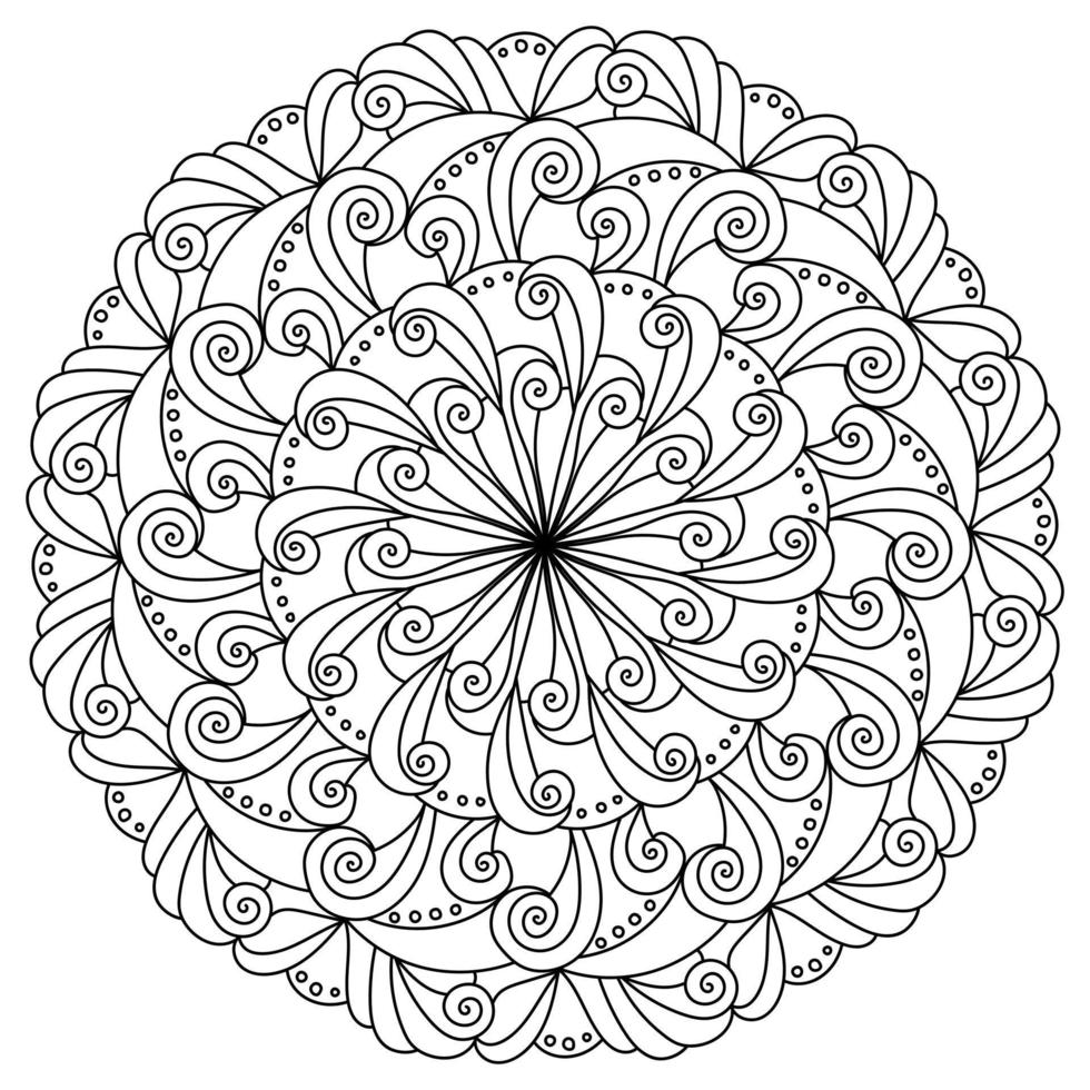 Abstract mandala with curls, meditative coloring page with curled lines vector