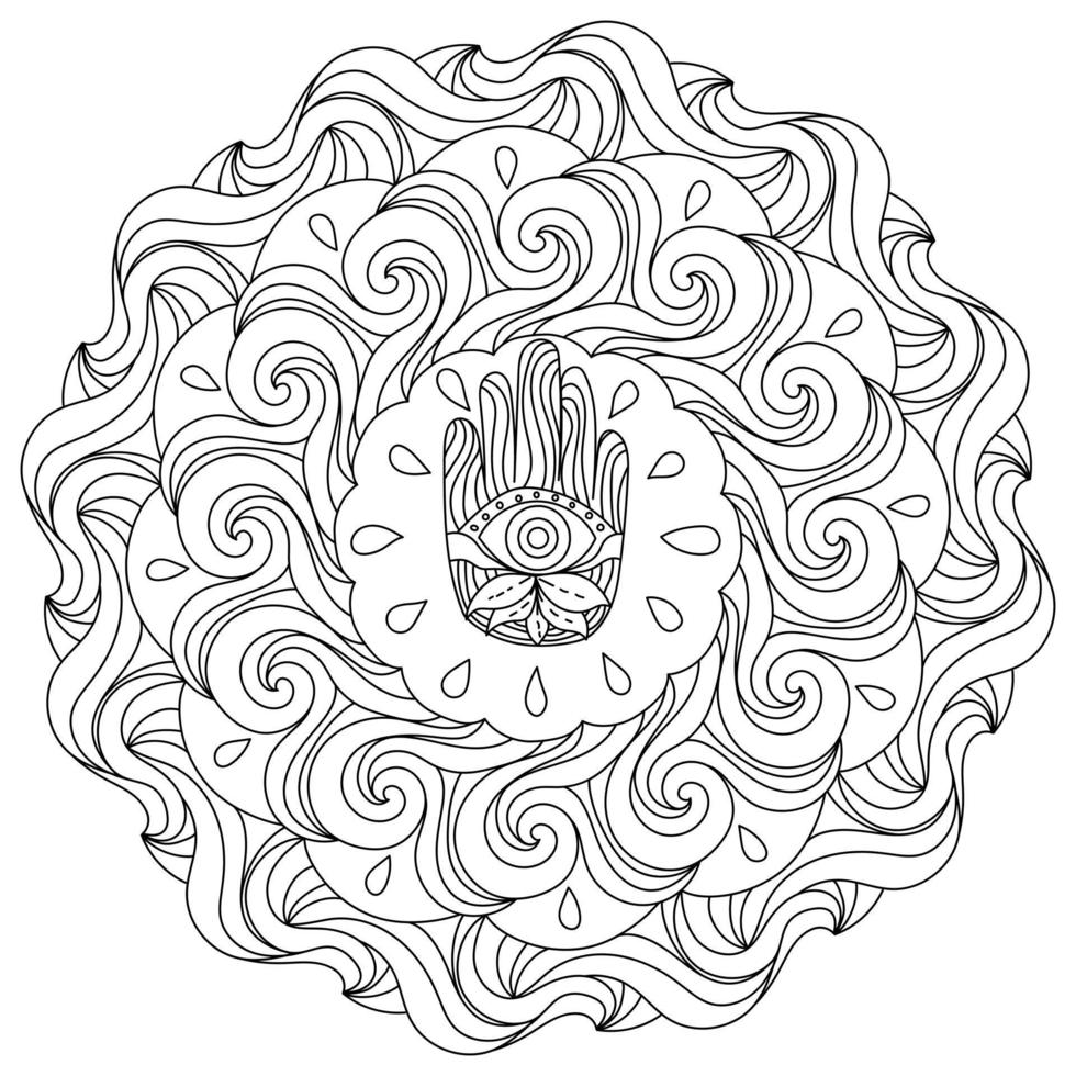 hamsa talismán mándala, meditativo espiritual colorante página con florido pétalos vector