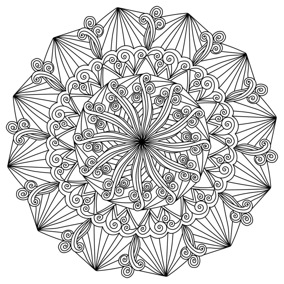 Abstract mandala with spirals and striped motifs, meditative coloring page with curled lines vector