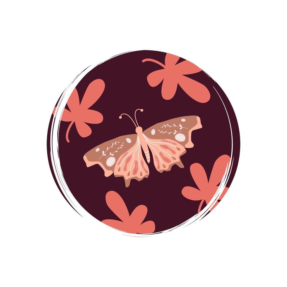 Cute logo or icon vector with colorful cartoon butterfly and leaves, illustration on circle for social media story and highlights