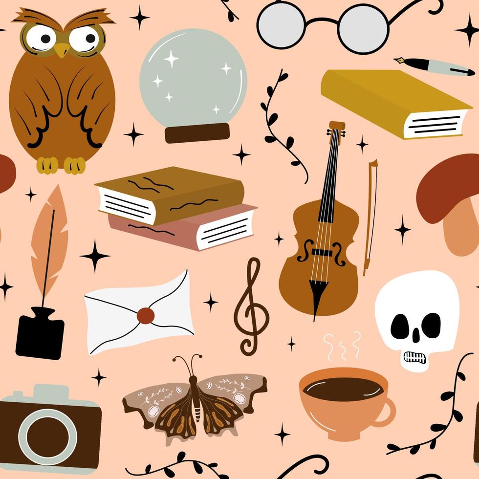 cute cartoon colourful seamles vector pattern background illustration with dark academia vintage elements collection
