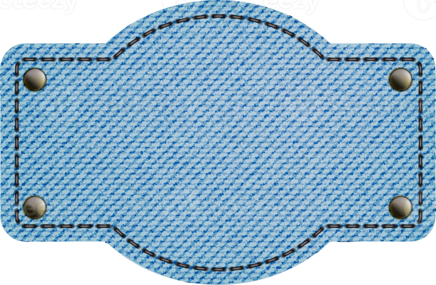 Blue denim patches with stitch, rivets and fringe. Light blue denim. Vintage patches png