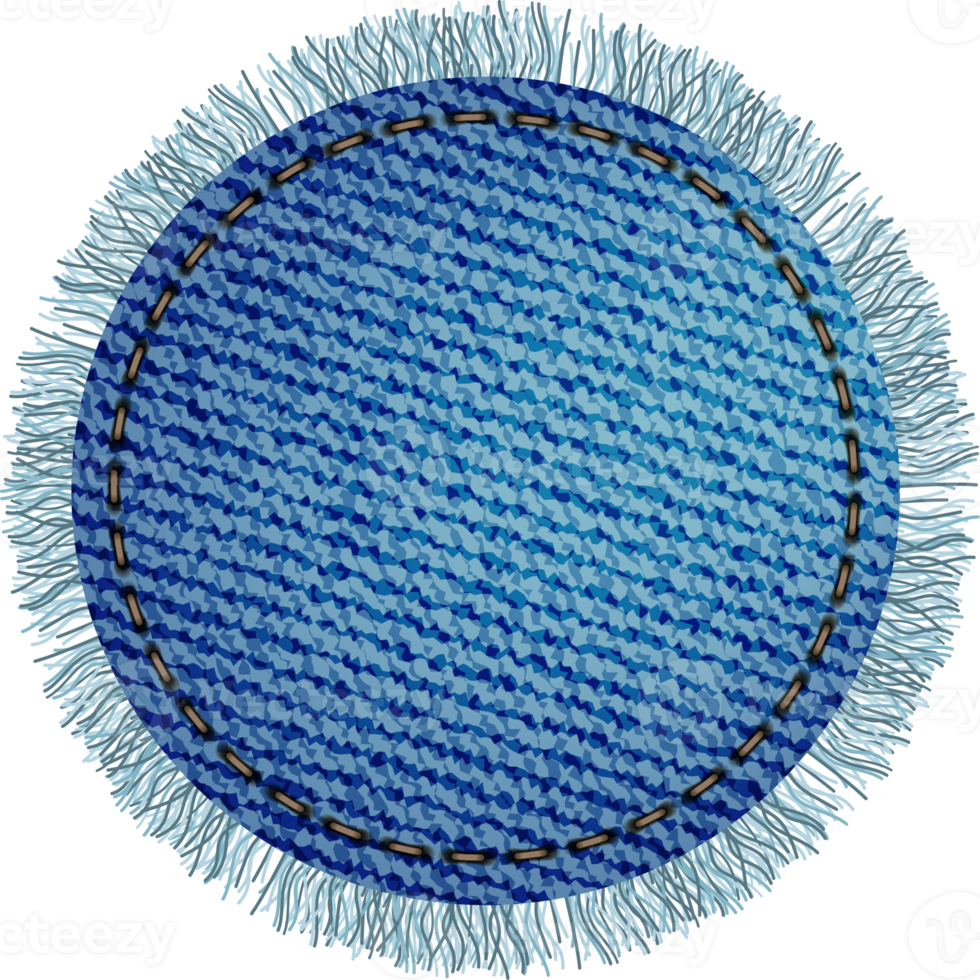 Blue denim patch with stitch and fringe. Light blue denim. Circle patch png