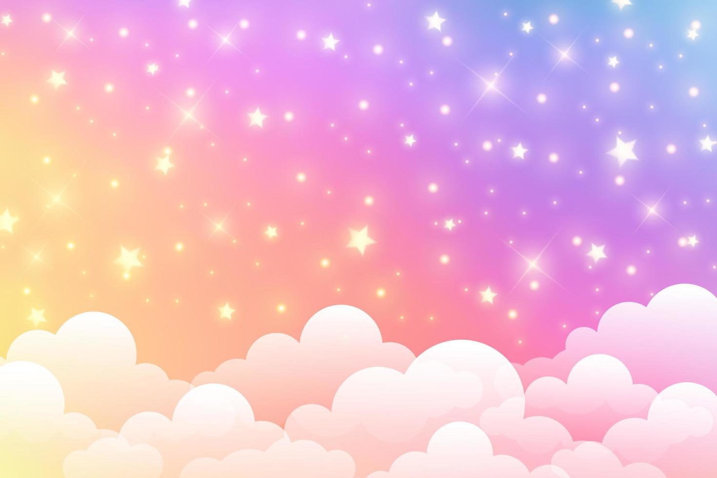 Cloudy sky background. Unicorn fantasy pastel galaxy. Rainbow cute wallpaper. Fluffy magic pink landscape. Vector illustration