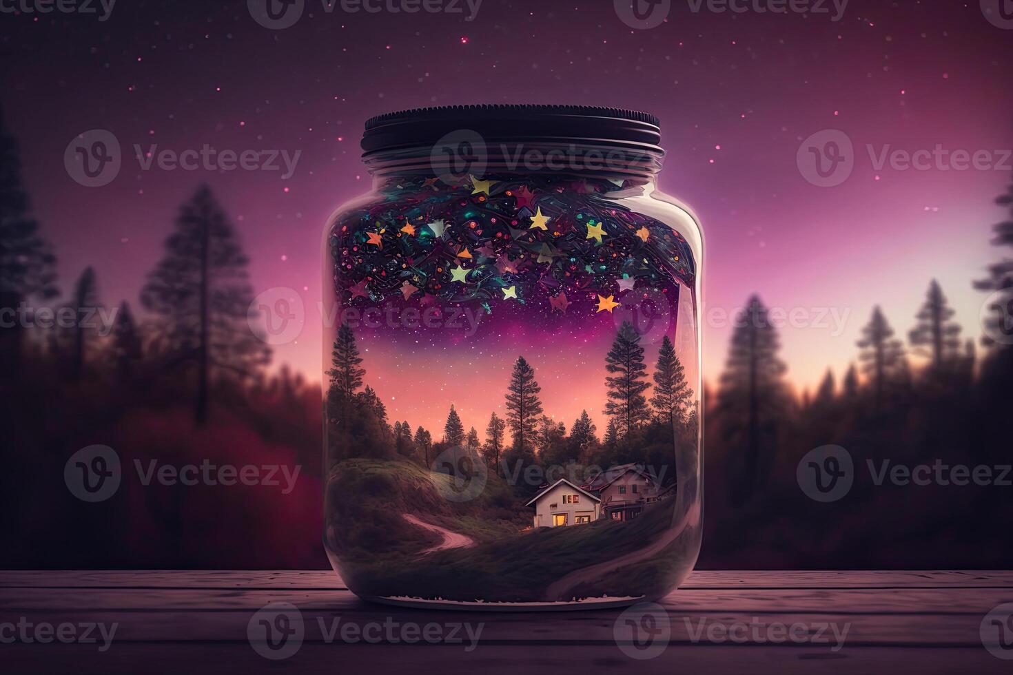 Glass jar with fantasy world inside. Capturing dream concept. Created with photo