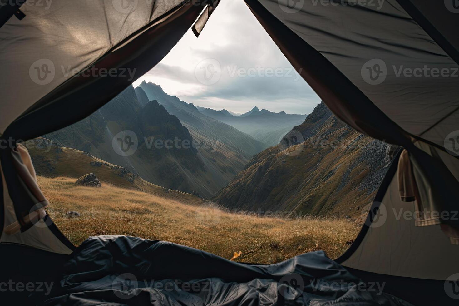 Amazing view from inside tent to mountain landscape. Camping during hike in mountains, outdoor activities. Created with photo