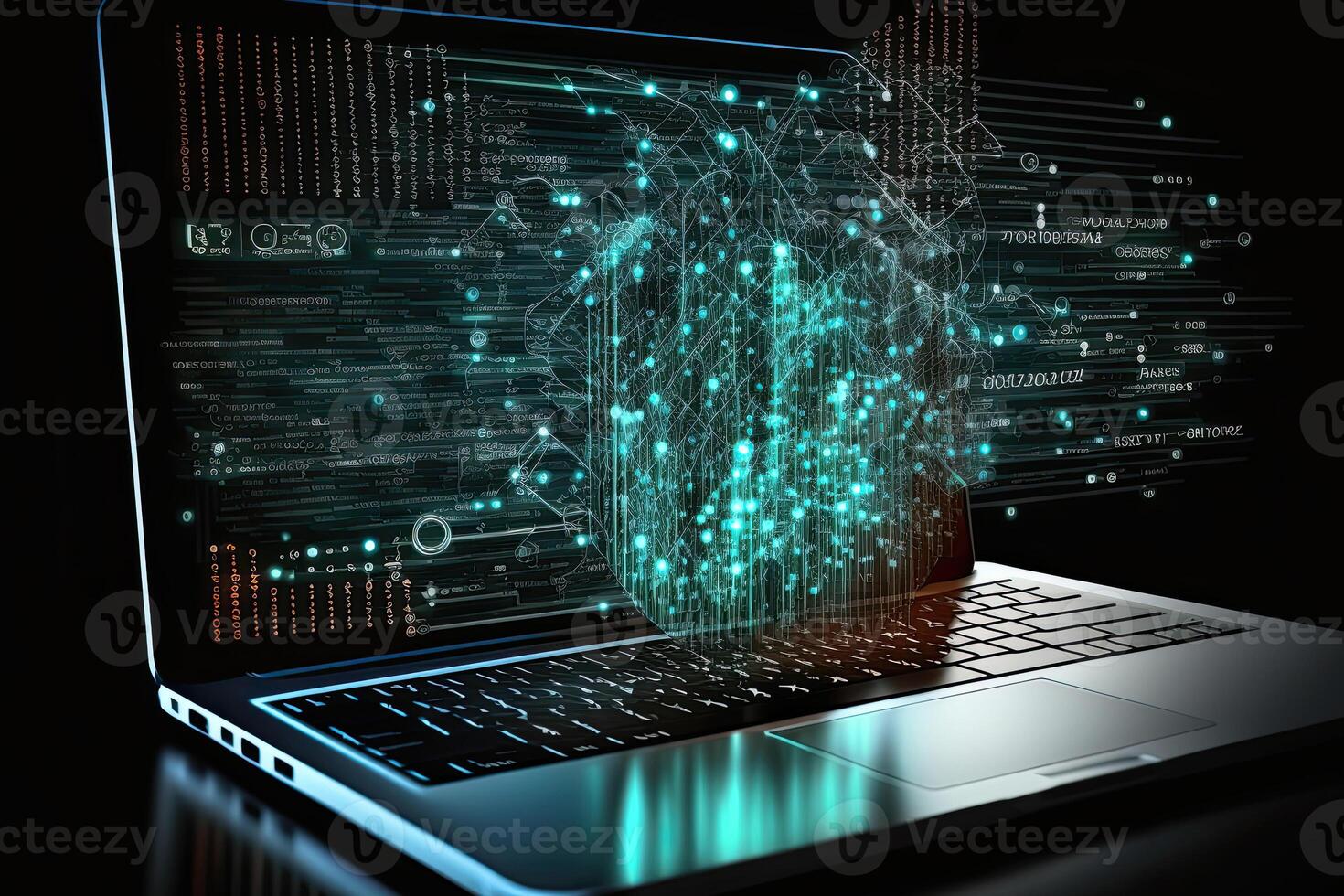 Laptop with network connection illustration. Analitical data infographic. Created with photo