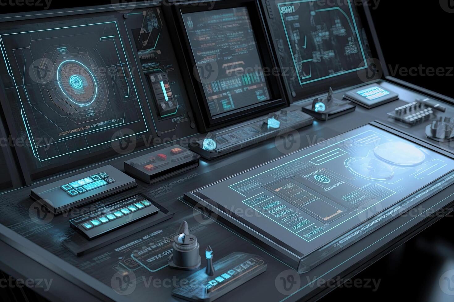 Futuristic central control panel. Operator workplace with a lot of screens and buttons for monitoring technology process at production line. Created with photo