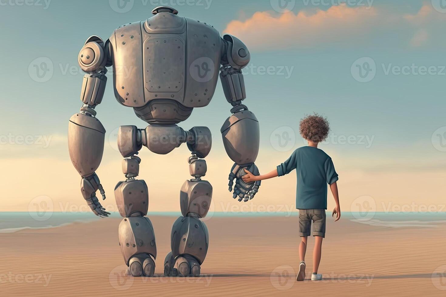 Giant robot and child walking together at sunset. Best friends. Friendship between artificial intelligence and people. Created with photo