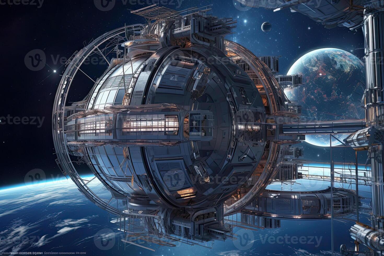 Futuristic space station on planet orbit. Spaceship in outer space. Created with photo
