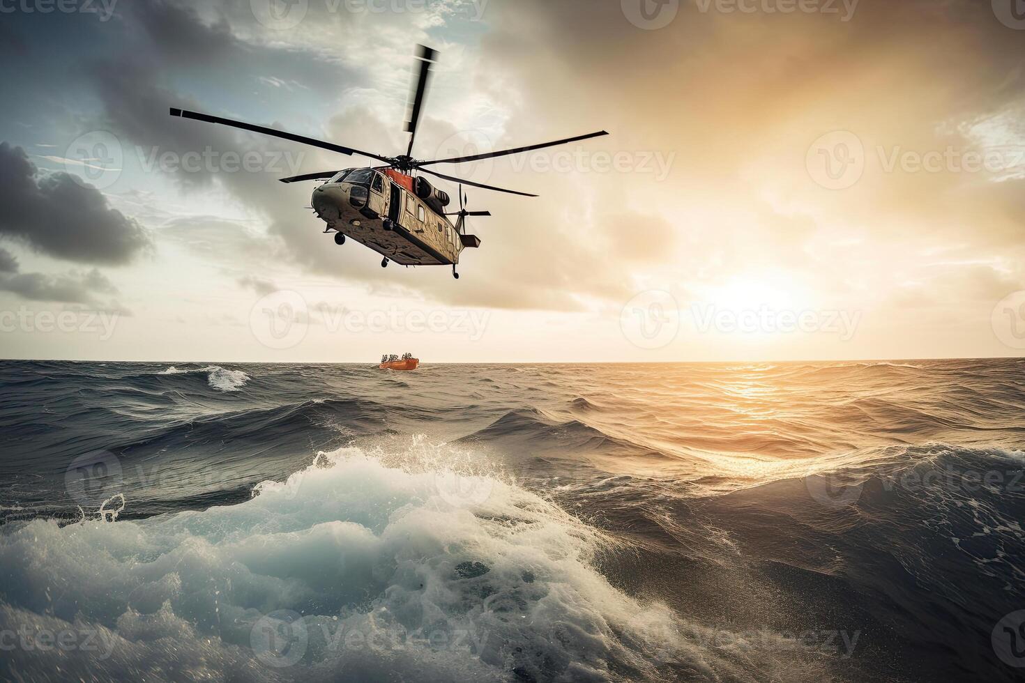 Search and rescue operation in sea. Emergency rescue helicopter flies over sea surface, looking for victims after crash. Created with photo