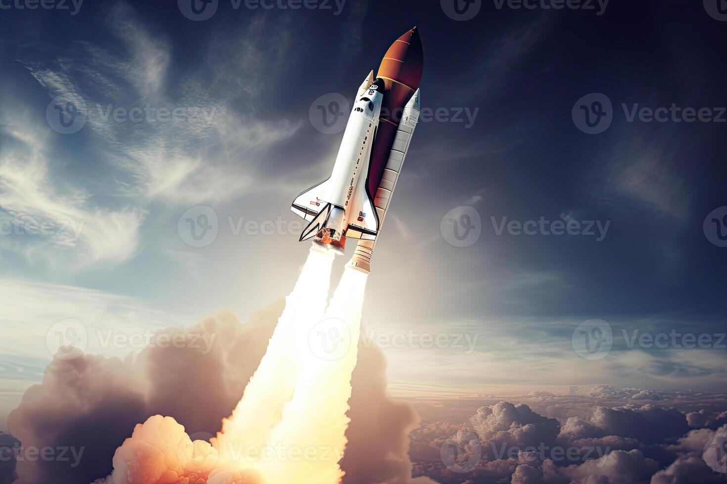 Rocket launch from cosmodrome. Fight of space rocket in blue sky. Space mission. Space Shuttle takeoff. Created with photo