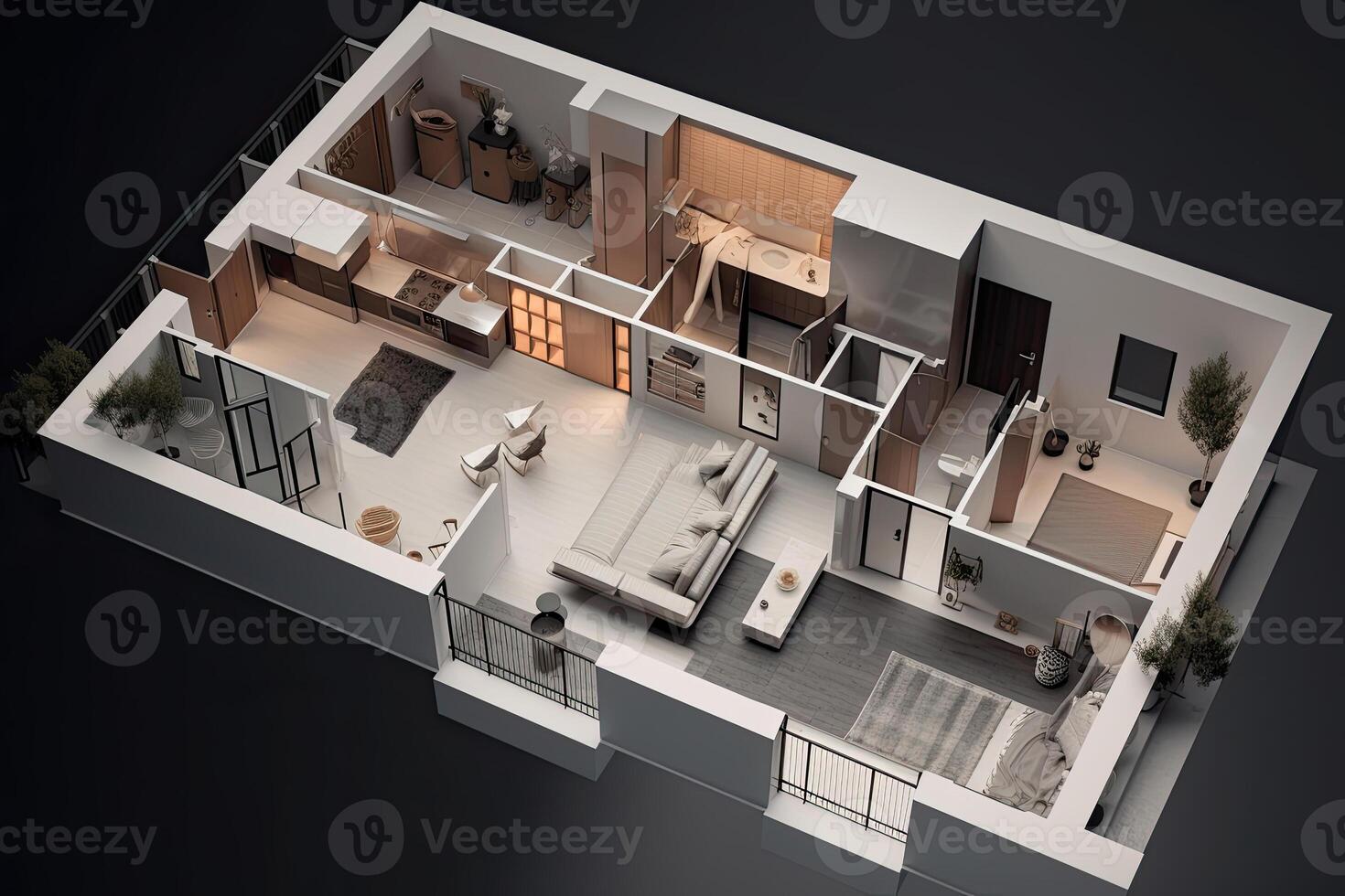 Apartment visualization, design project. Architectural plan for renovation. Living room interior, top view. Created with photo