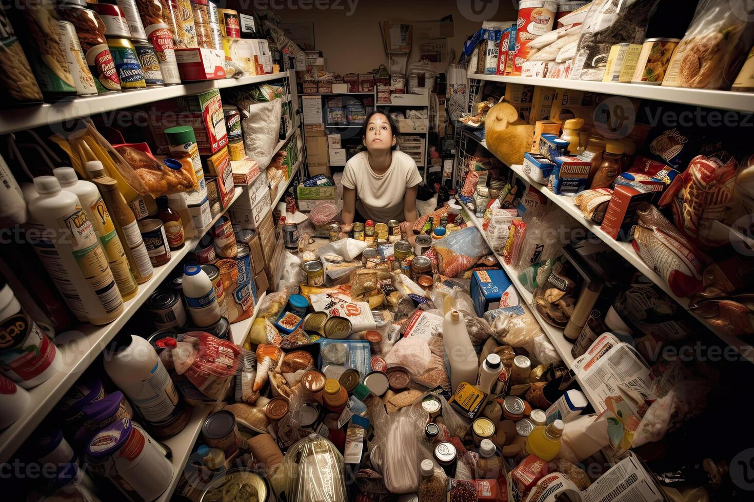 Woman in the room full of different goods. Concept of shopaholism and overconsumption. Female consumer thinking about future purchasing. Created with photo