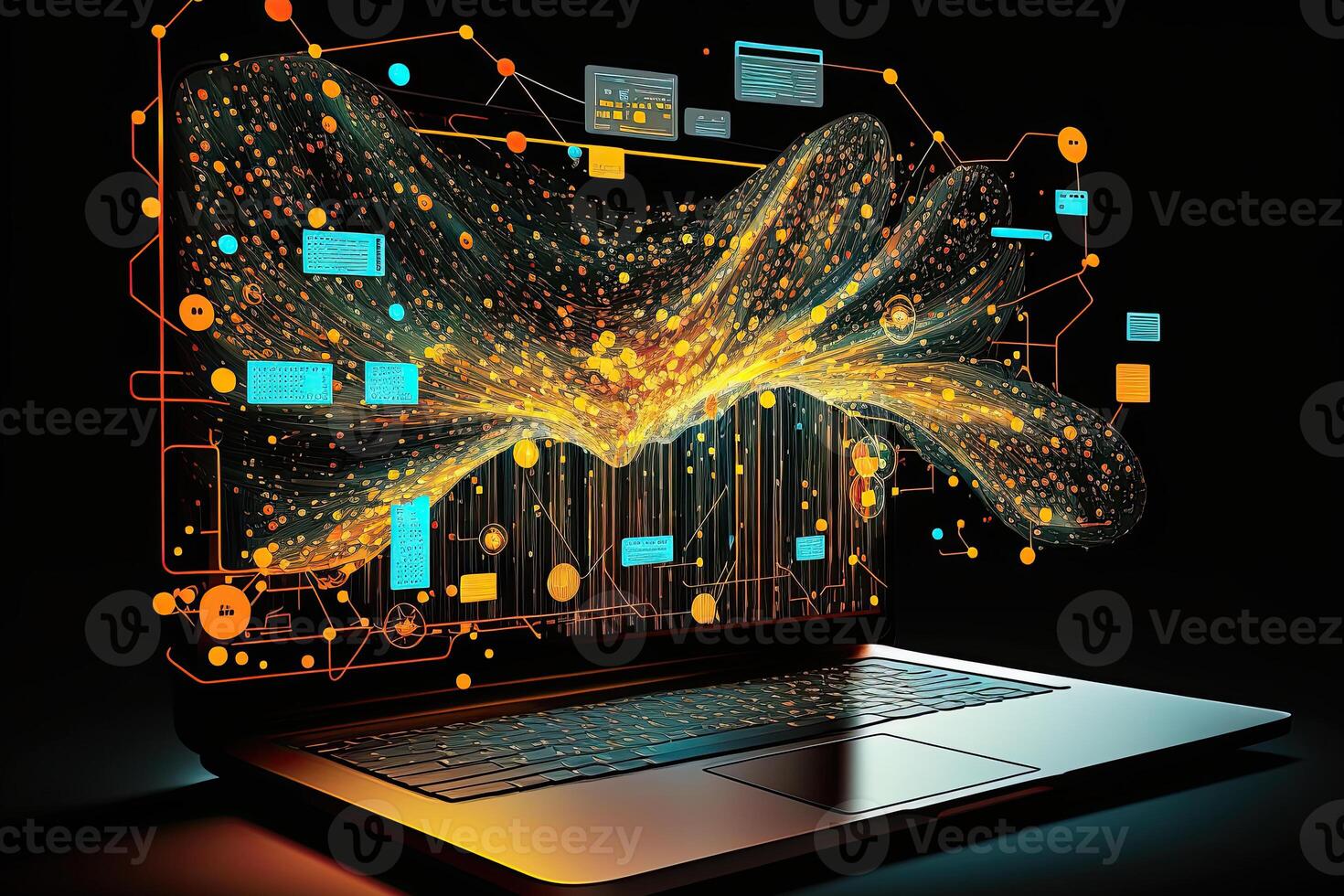 Digital data and network connection on laptop screen. Big data analysis. Network information and data protection concept. Created with photo