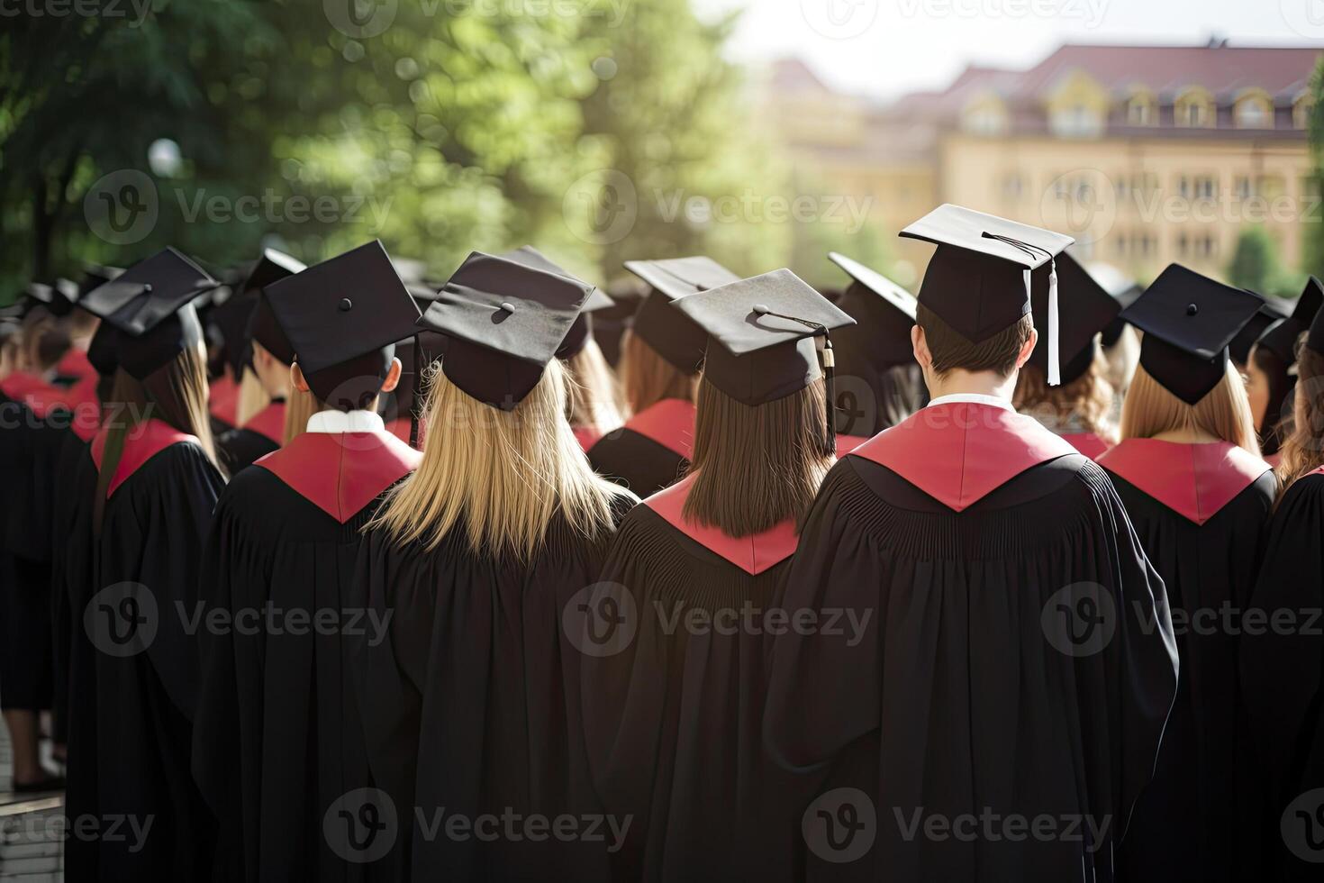 Back view of graduates in mortar boards and bachelor gowns on graduation ceremony at the university. Successful graduation from college or high school. Created with photo