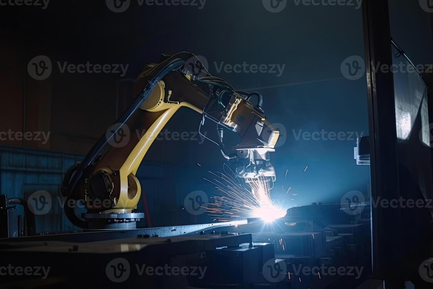 Robotic arm works on welding. Conveyor line at factory. Automatic welding. Created with photo