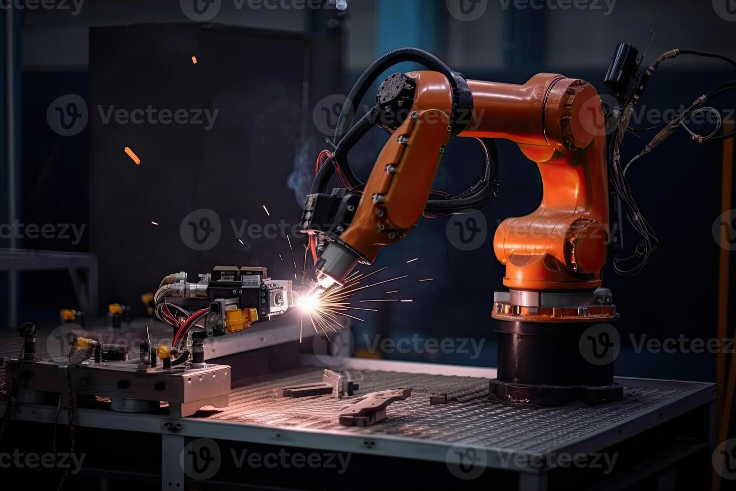 Robotic arm works on welding. Conveyor line at factory. Automatic welding. Created with photo