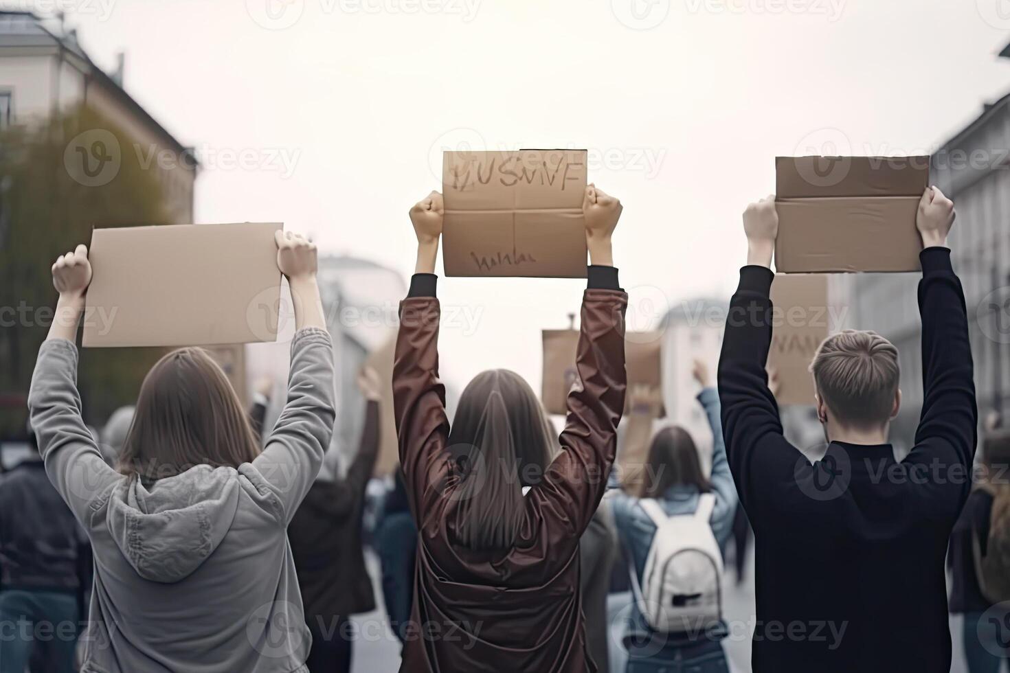 Back view of aggressive people protesting at city street. Protest activists. Crowd with raising fists. Angry people make revolution. Created with photo