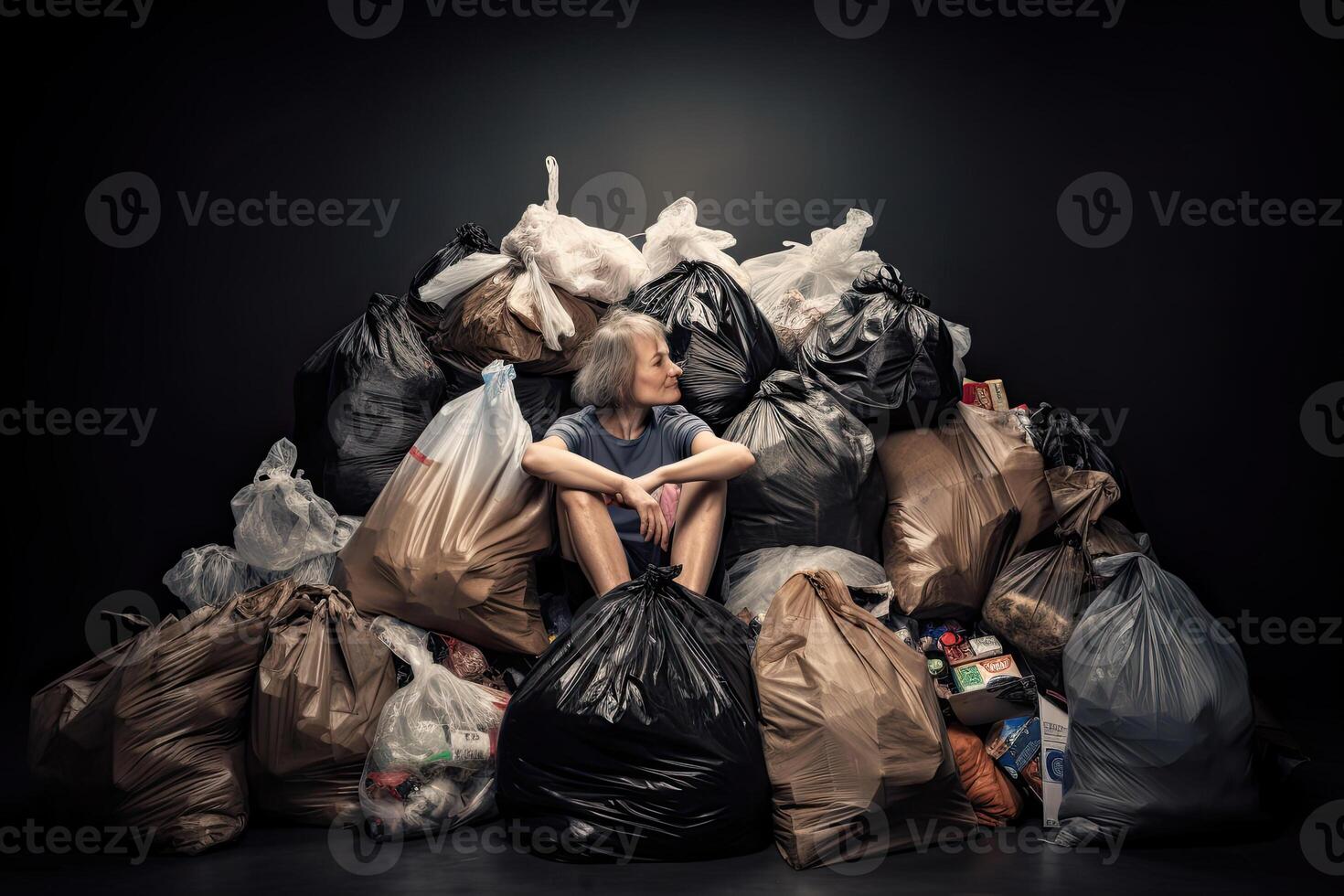 Woman sits on top of pile of garbage bags. Concept of overconsumption and pollution of environment by human waste. Created with photo