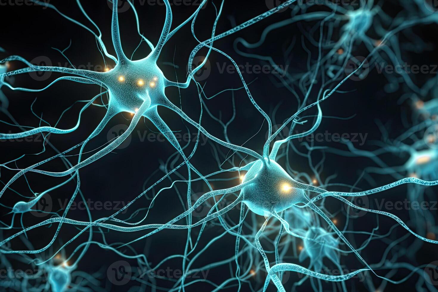 Neuron cells on abstract background, neural connections in the human brain, glowing synapses in nervous system. Created with photo