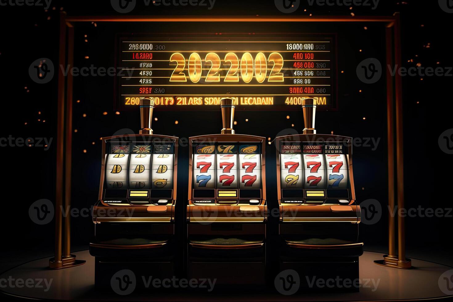 Casino slot machine with winning combination. Gambling addiction. Casino games concept. Lucky one handed bandit. Created with photo