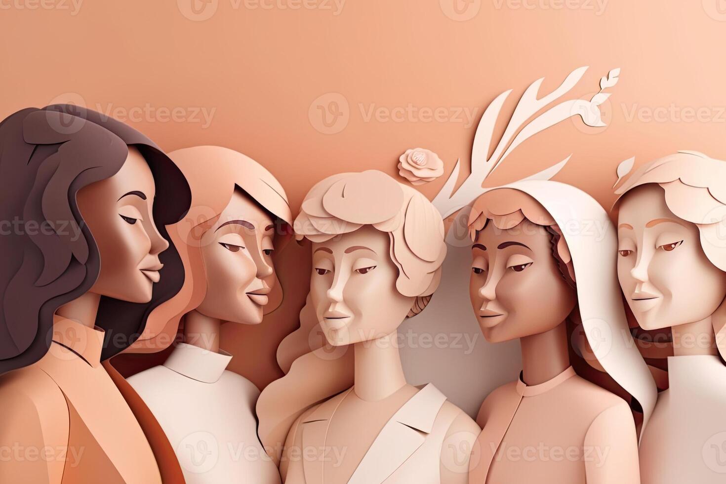 Multiracial women standing together and smiling at camera, paper art. Portrait of interracial female models. Diversity concept. Created with photo