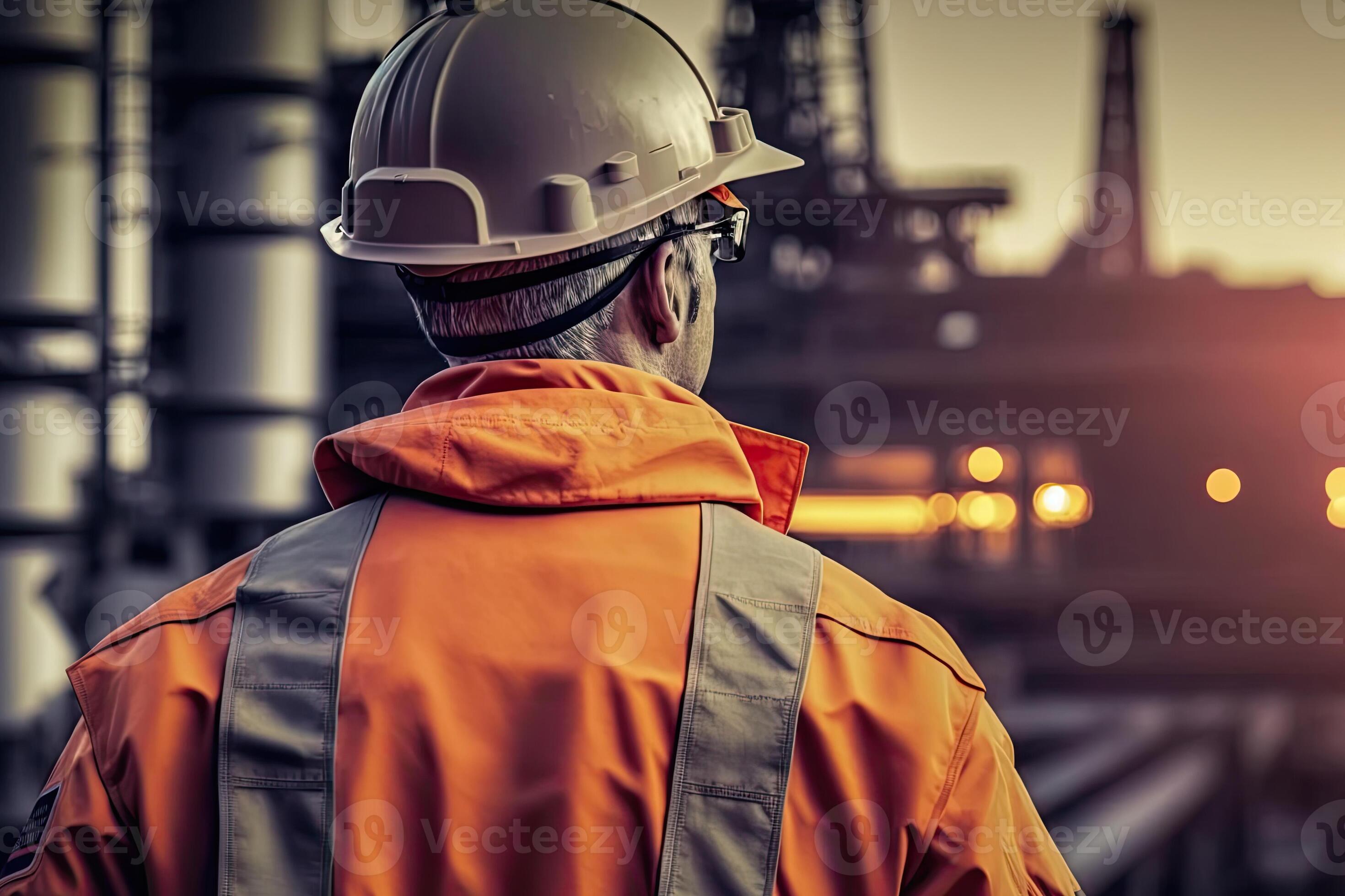 Back view of industrial worker wearing protective uniform and safety helmet standing near heavy