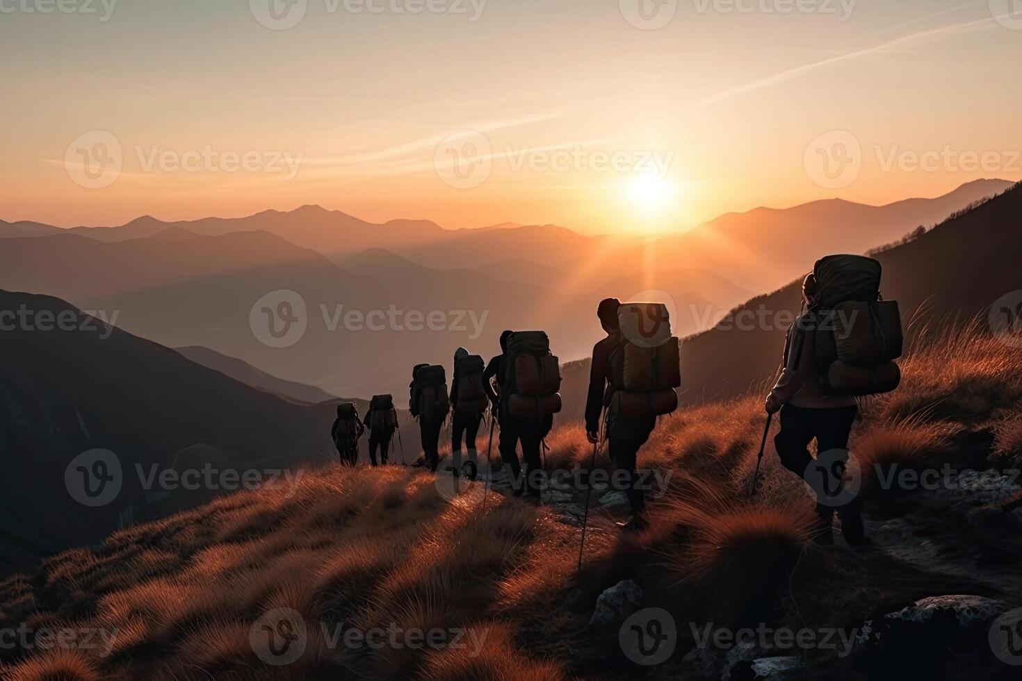 Group of tourist hiking in mountains. Travelers with backpacks in mountains. Outdoor activities. Created with photo