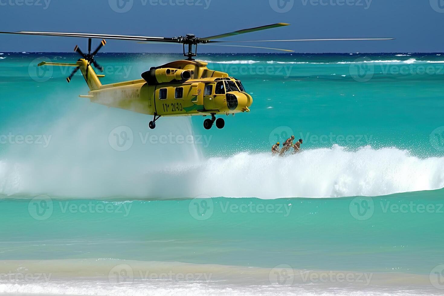 Search and rescue operation in sea. Emergency rescue helicopter flies over sea surface, looking for victims after crash. Created with photo