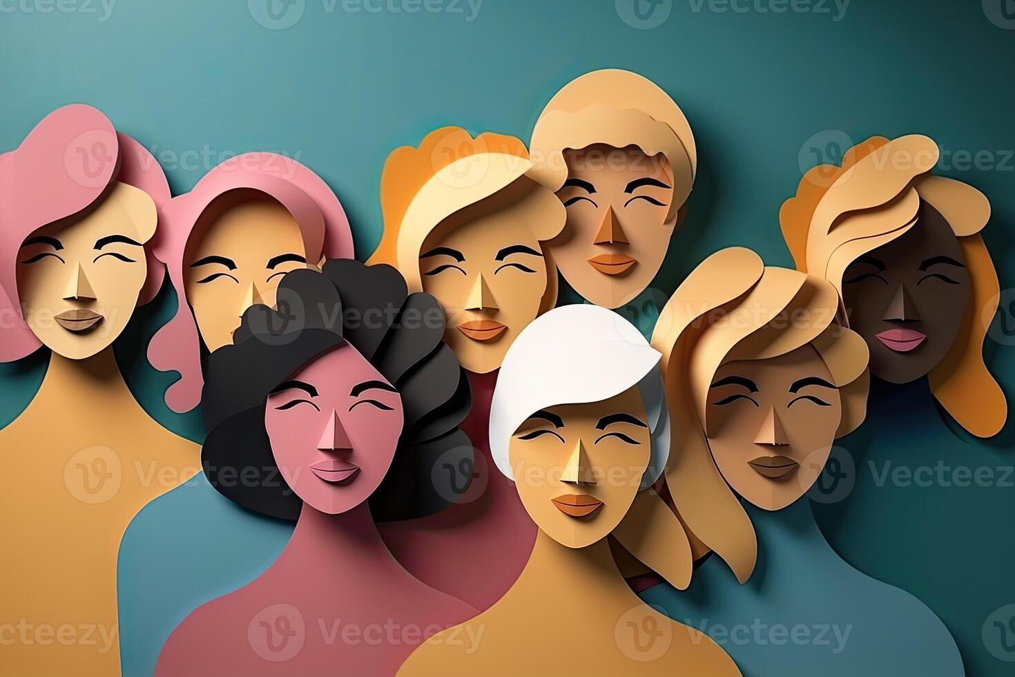 Multiracial women standing together and smiling at camera, paper art. Portrait of interracial female models. Diversity concept. Created with photo