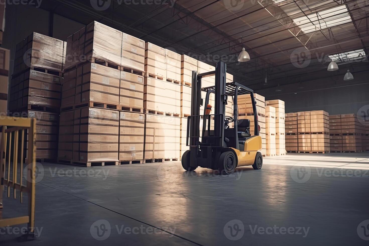 Forklift for loading pallets with packages in warehouse interior. Commercial distribution warehouse with shelves and boxes. Created with photo