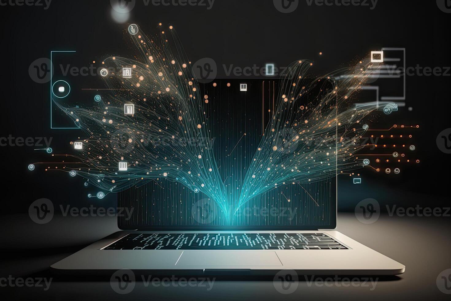 Digital data and network connection on laptop screen. Big data analysis. Network information and data protection concept. Created with photo