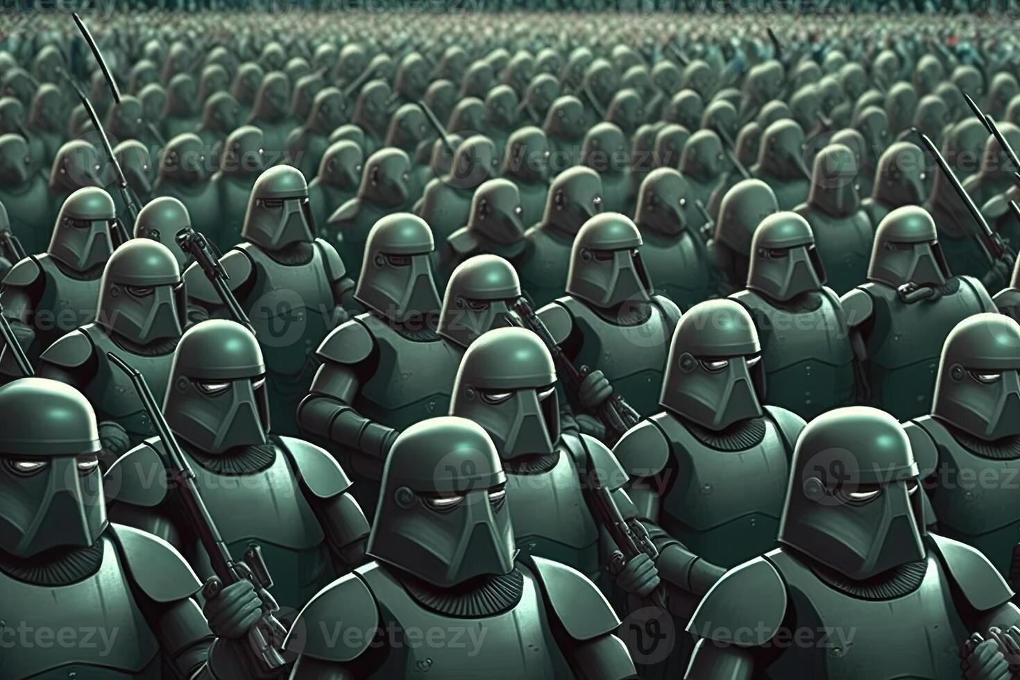 Robot crowd in rows. Robot army. Created with photo