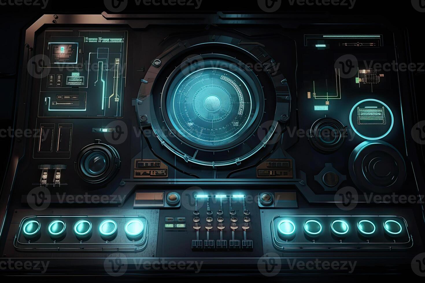 Futuristic central control panel. Operator workplace with a lot of screens and buttons for monitoring technology process at production line. Created with photo