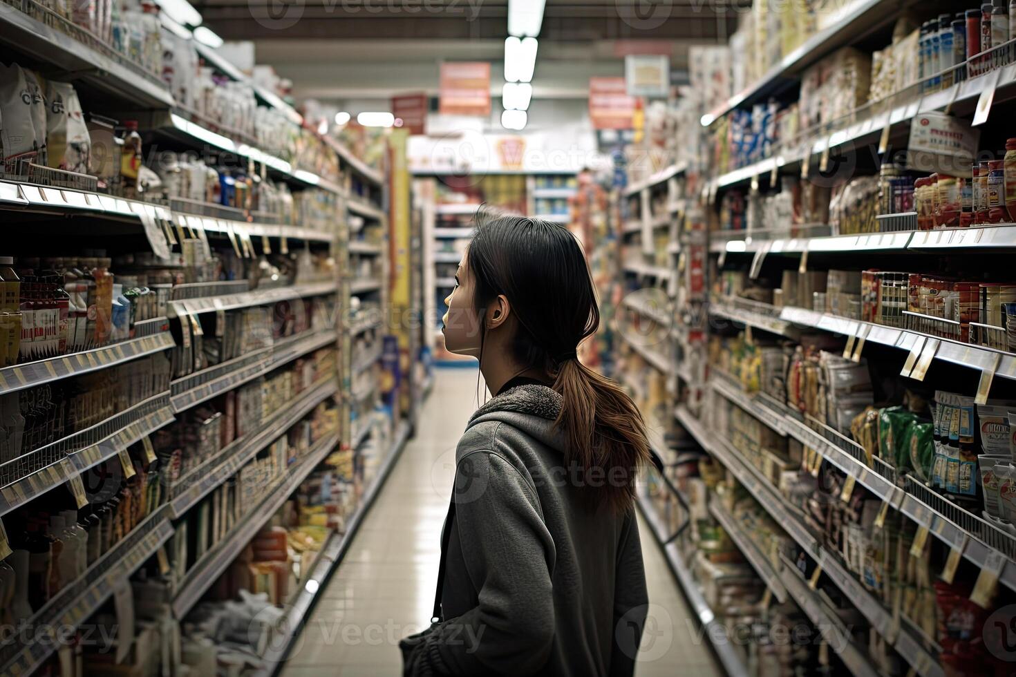 mujer en pie en supermercado interior entre estantería y elegir productos creado con generativo ai foto