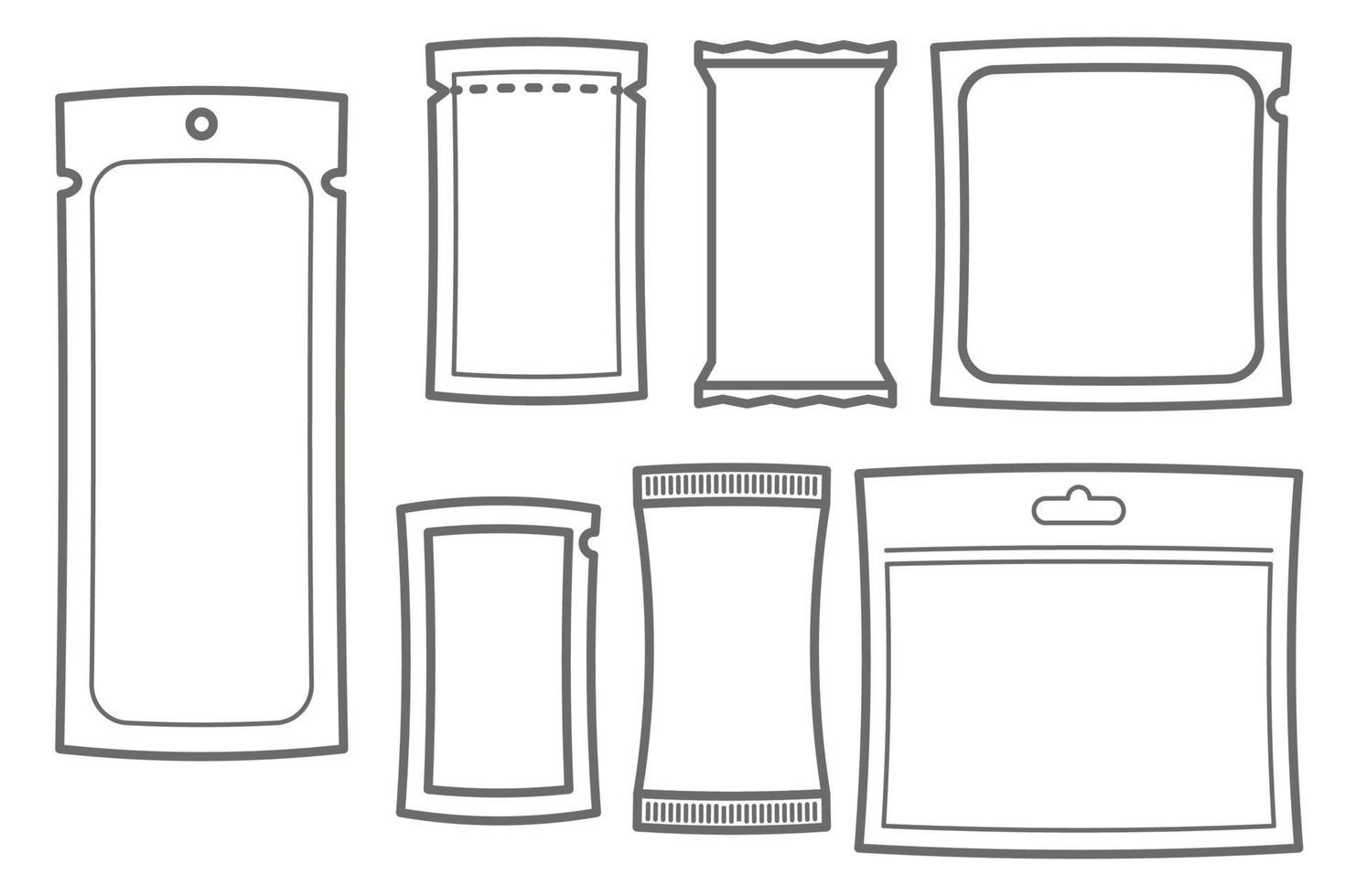 Sachets packs and pouch bags icons. Plastic and paper sticks for powder, sugar, medicine, sauce and coffee with zipper. Vector set